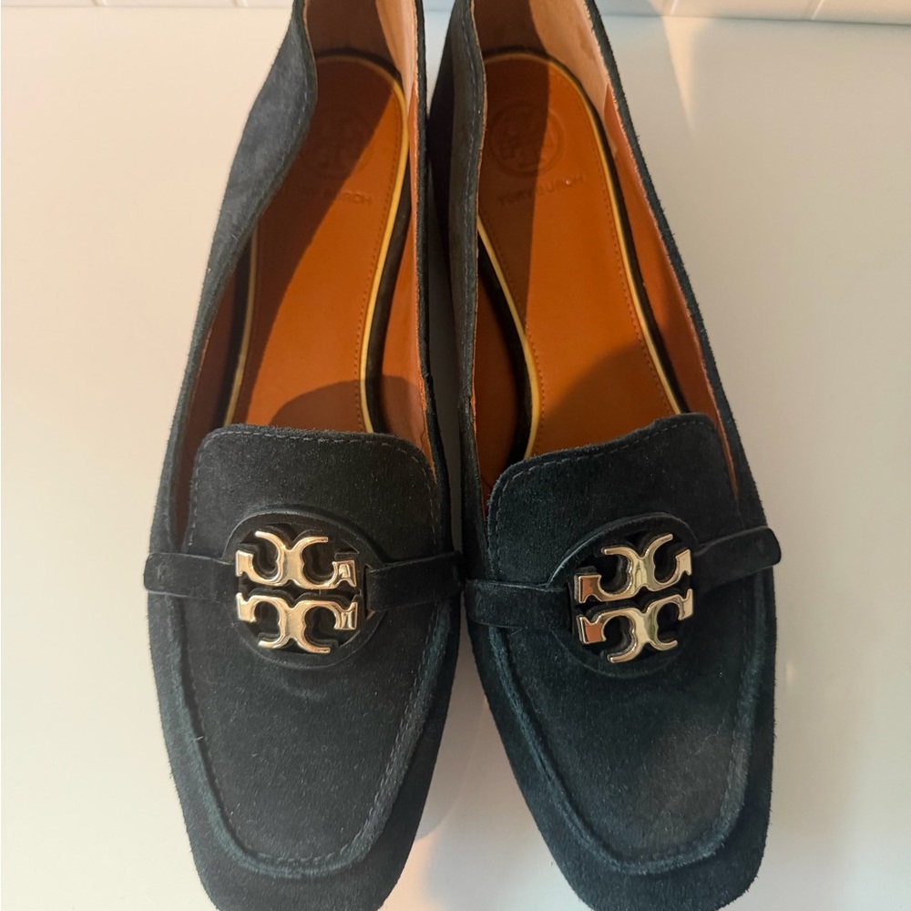 Tory Burch Black Suede Logo Penny Loafers